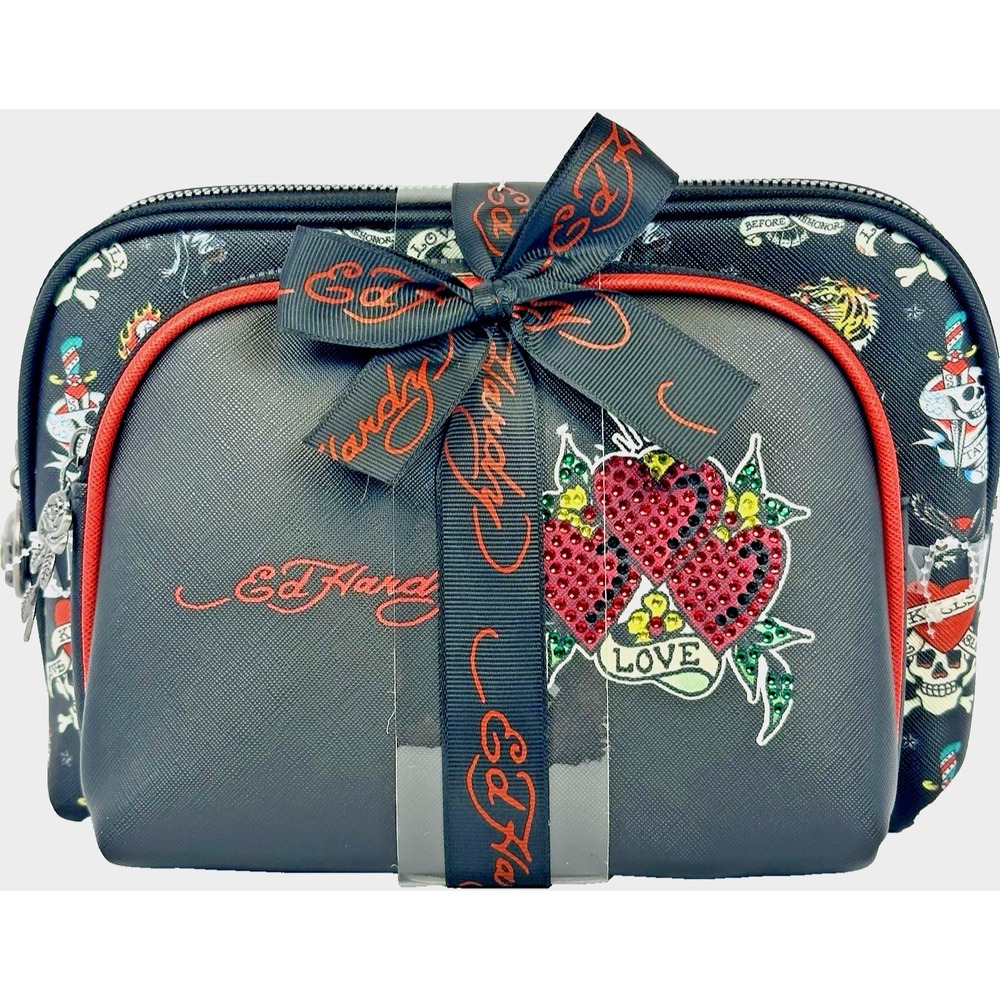 Ed Hardy Cosmetic Bag 2 Pc Set Rhinestone Hearts Skull Rose Tattoo Makeup Case